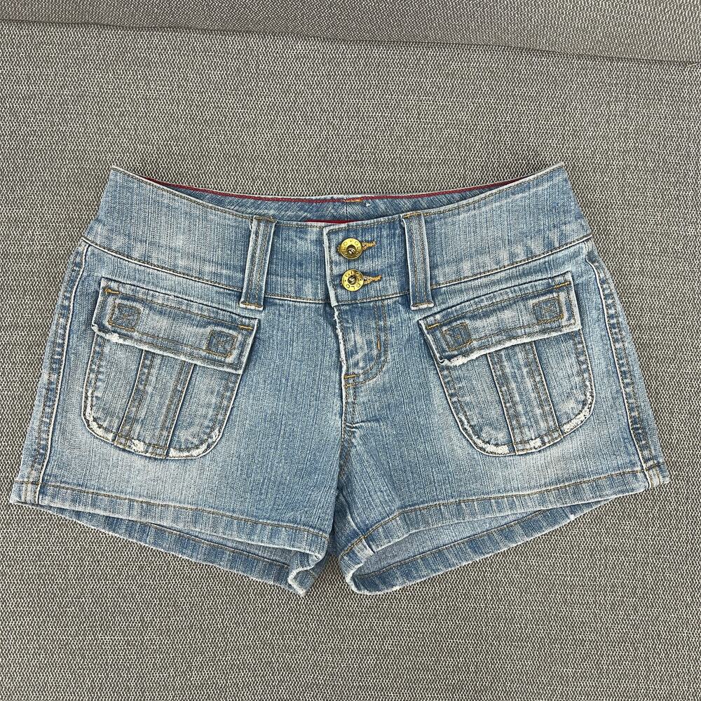 Glo Womens Y2K Blue Cargo Pockets Denim Microshorts Jean‎ Shorts Size Junior 3